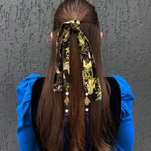 Стрічка для волосся у китайському стилі "Коропи" Чорна з синіми китицями